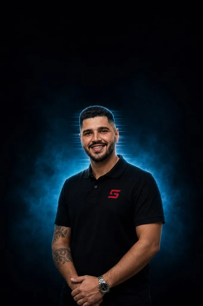 Diego dos Santos, da Serginho Autopeças, de polo preta com o símbolo S da loja