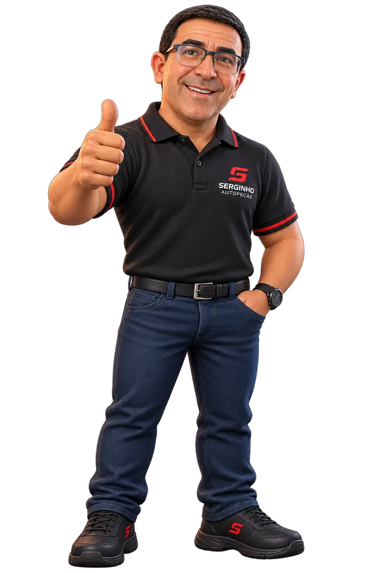 Serginho, dono da loja, de camisa polo com o logo, fazendo sinal de positivo